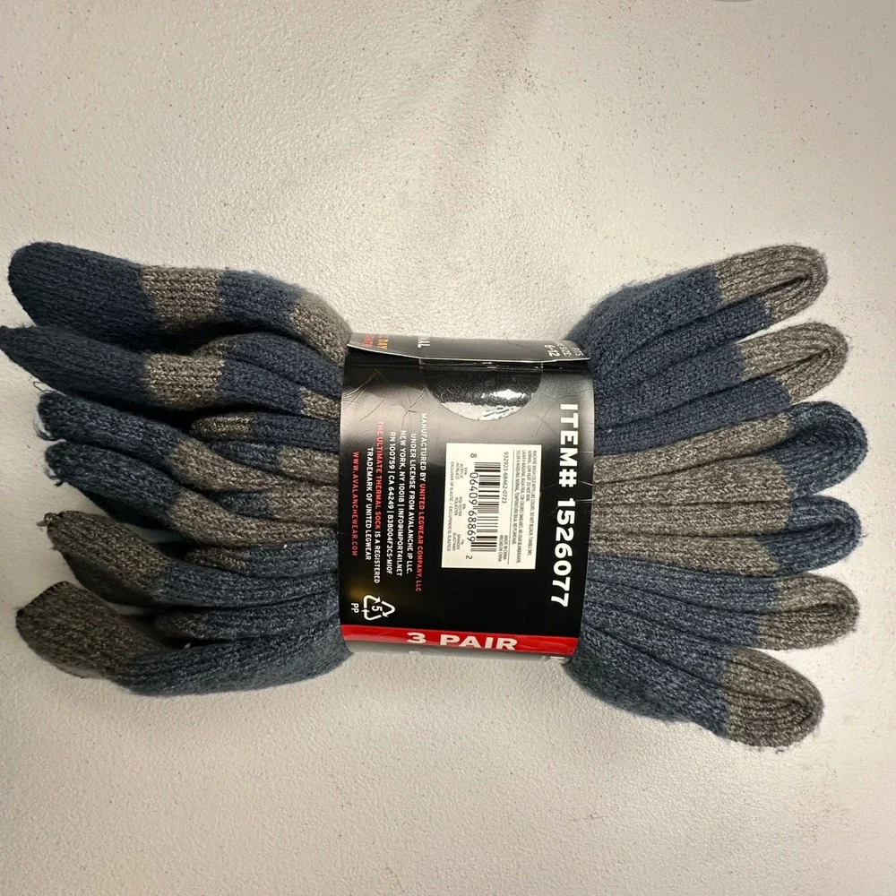 Avalanche Thermal Crew Socks 3 Pair Blue Grey Acrylic Blend Heavy Knit Mens 6-12
